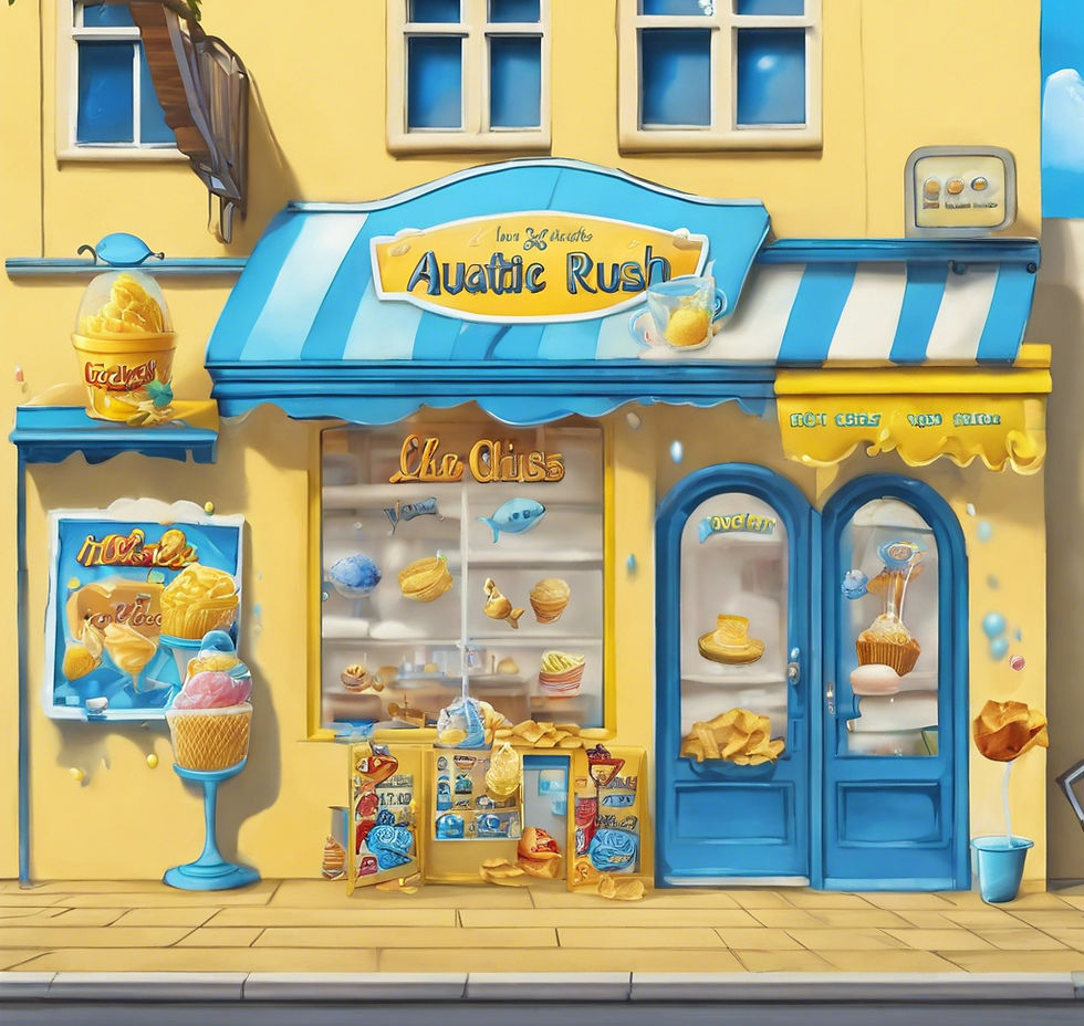 add the name Aquatic Rush to the shop front selling Hot coffee, hot chips, milkshakes, sco