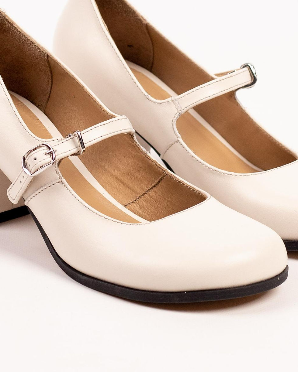 Thumbnail: Молочні жіночі туфлі Мері Джейн з натуральної шкіри на стійкому каблуці з ремінцем