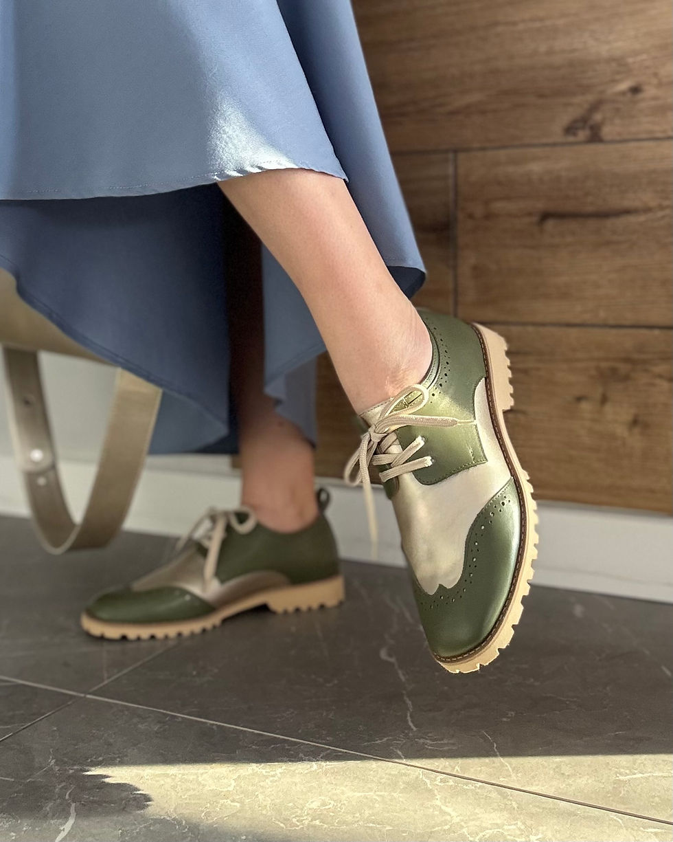 Półbuty damskie skórzane 20015 Olive / Pearl