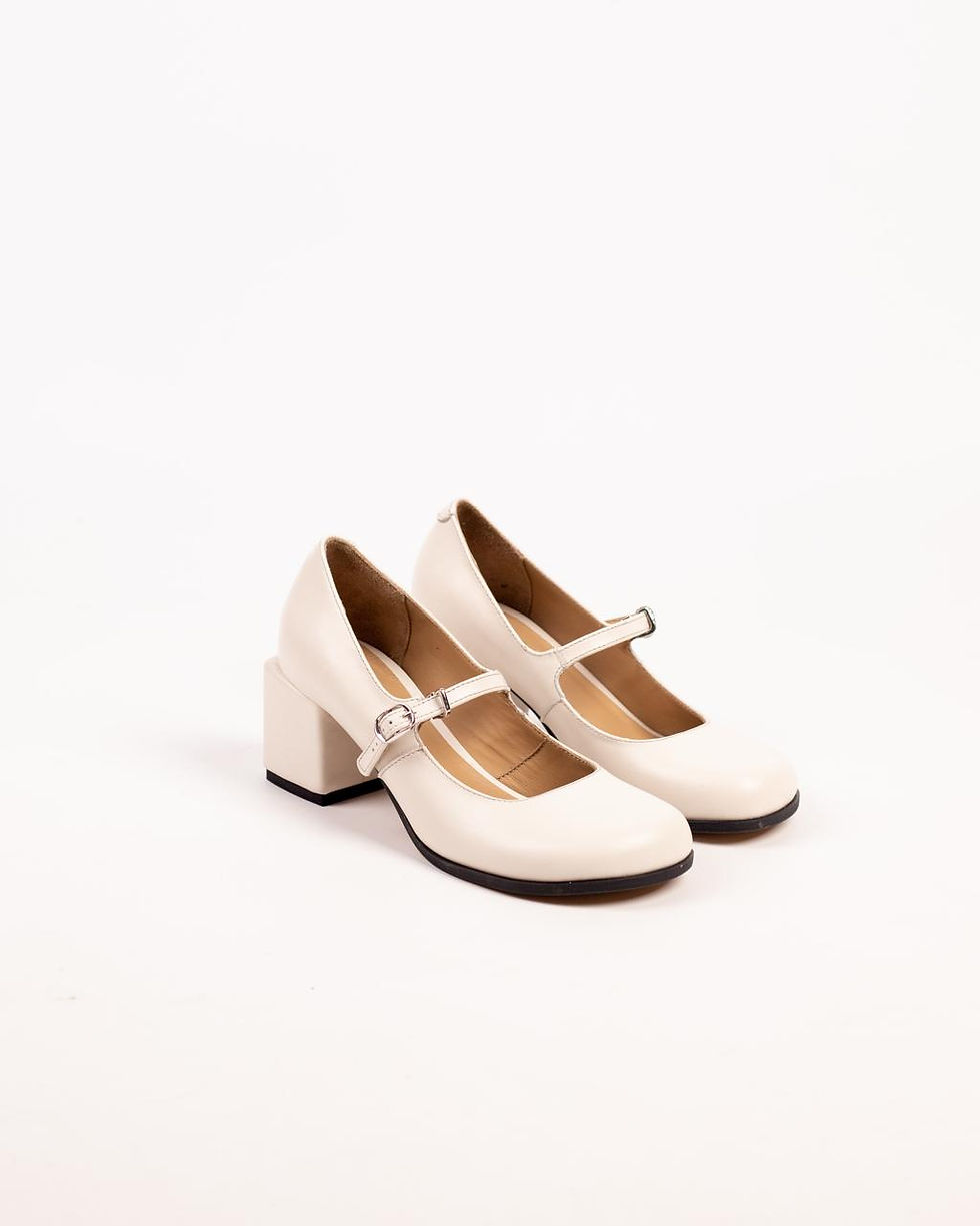Thumbnail: Молочні жіночі туфлі Мері Джейн з натуральної шкіри на стійкому каблуці з ремінцем