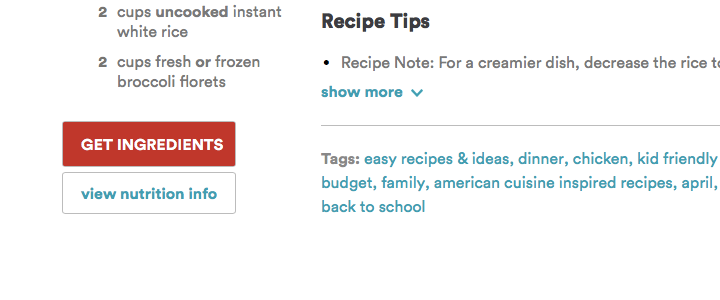 Campbell's Soup Company recipe site with 'get ingredients' button