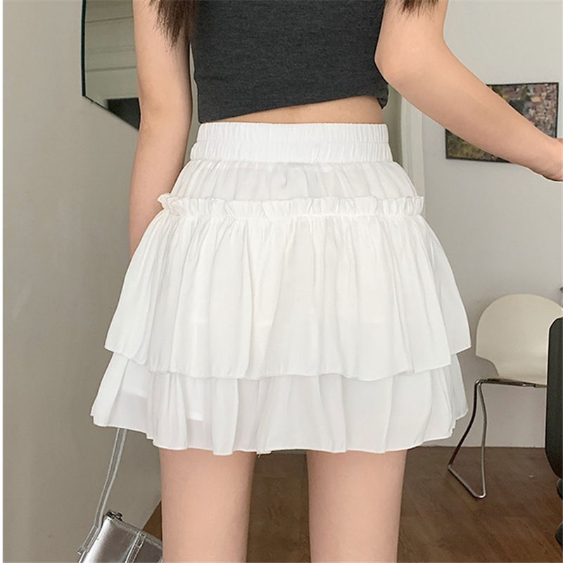 Thumbnail: Summer Kawaii White Ruflles Skirt Women Fashion Slim Fit Chiffon Mini Skirts Gir