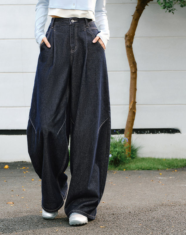 Semir Wide Leg Pants Denim Spring Pleated Loose Casual American Street Style Com