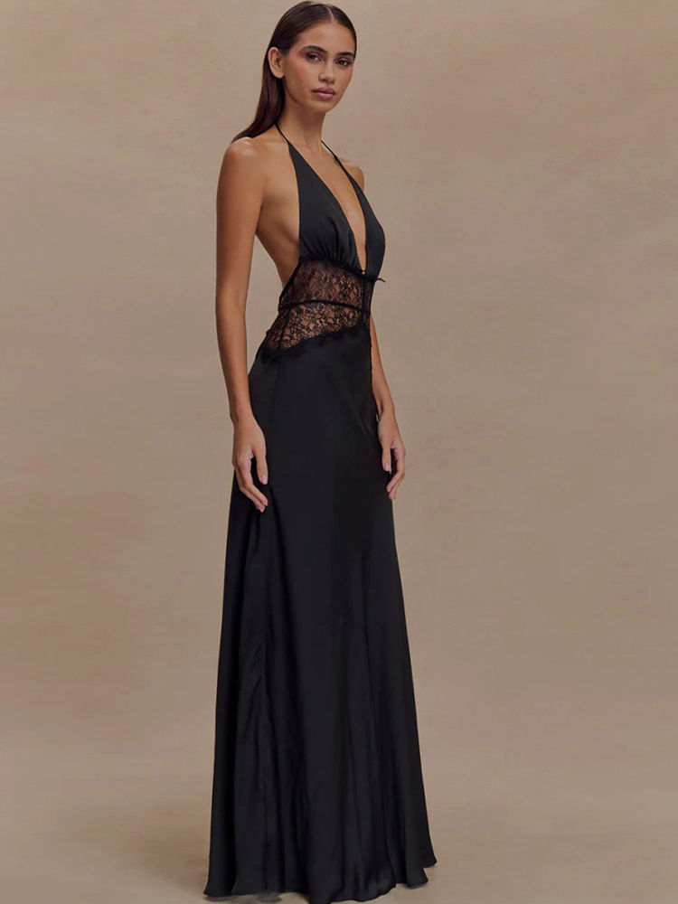 Thumbnail: JULISSA MO Patchwork Lace Print Polka Dot Halter Women Maxi Dress Sexy Backless 