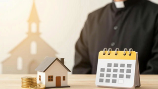 A priest sitting at a table with a calendar, home, and money to symbolize clergy finances