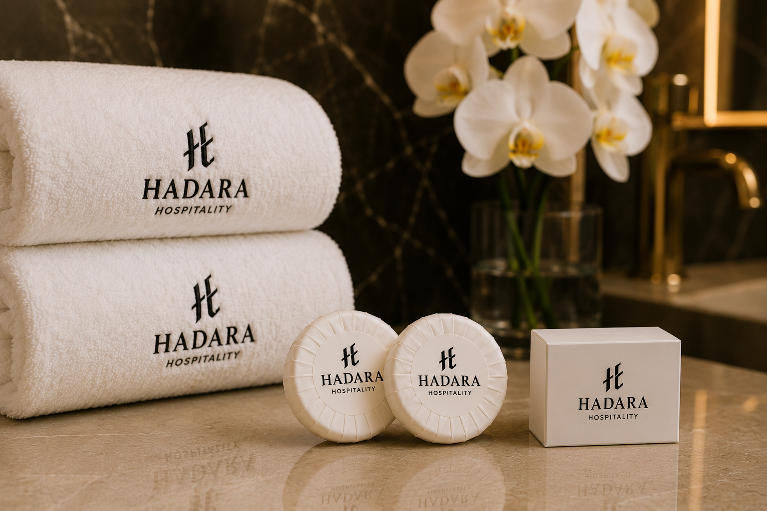 Branded hospitality amenity products arranged for a guest room