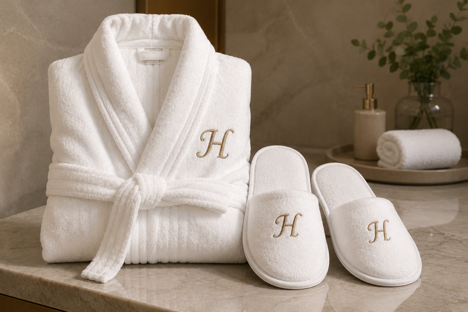 Hospitality robes and slippers ready for guest room presentation
