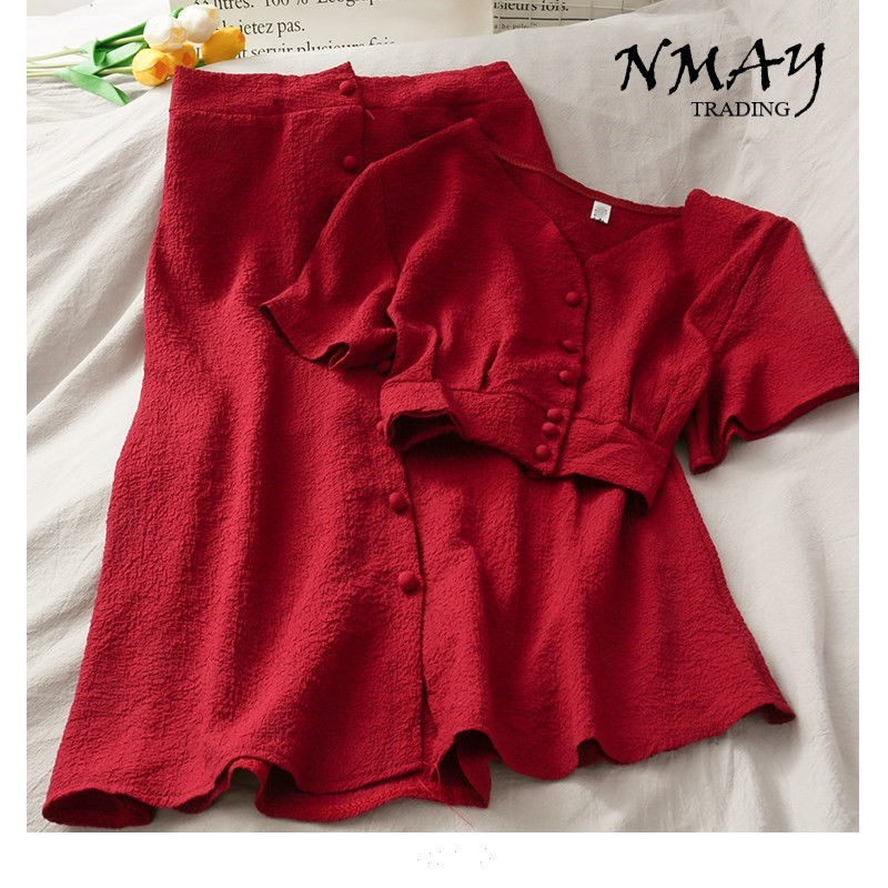 Thumbnail: Retro Crumpled Net Red Two-piece Suit V-neck Short Top