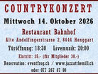 Countrykonzert im Restaurant Bahnhof in Henggart (ZH) am Mittwoch, 14.10.2026, ab 18:30 Uhr