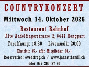 Countrykonzert im Restaurant Bahnhof in Henggart (ZH) am Mittwoch, 14.10.2026, ab 18:30 Uhr