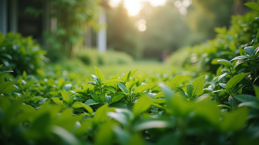 Eye-level view of a lush green garden with various plants