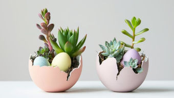 Succulents in cracked pink and lavender egg shells with pastel-colored eggs on a white surface. Minimalist setting.