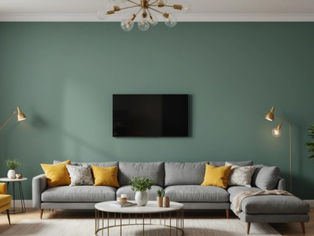 Living room with gray sofa, yellow cushions, and green walls. Gold lamps and a round coffee table create a cozy ambiance.