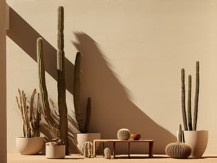 Cacti in white pots against a beige wall with long shadows. A wooden table holds small cacti. Warm, minimalist desert scene.