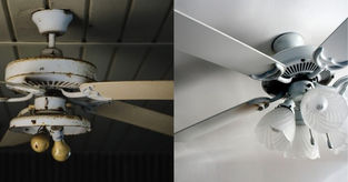 An old, worn-out ceiling fan hanging from the ceiling, showing signs of wear and tear, indicating the need for replacement.