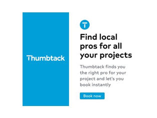 Blue and white Thumbtack ad with text: "Find local pros for all your projects" and "Book now" button.