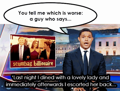 A gif set featuring Trevor Noah's segment 'Scumbag Billionaire' on the late night show "The Daily Show with Trevor Noah".