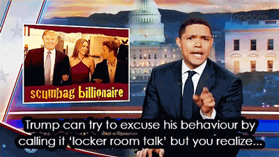 A gif set featuring Trevor Noah's segment 'Scumbag Billionaire' on the late night show "The Daily Show with Trevor Noah".