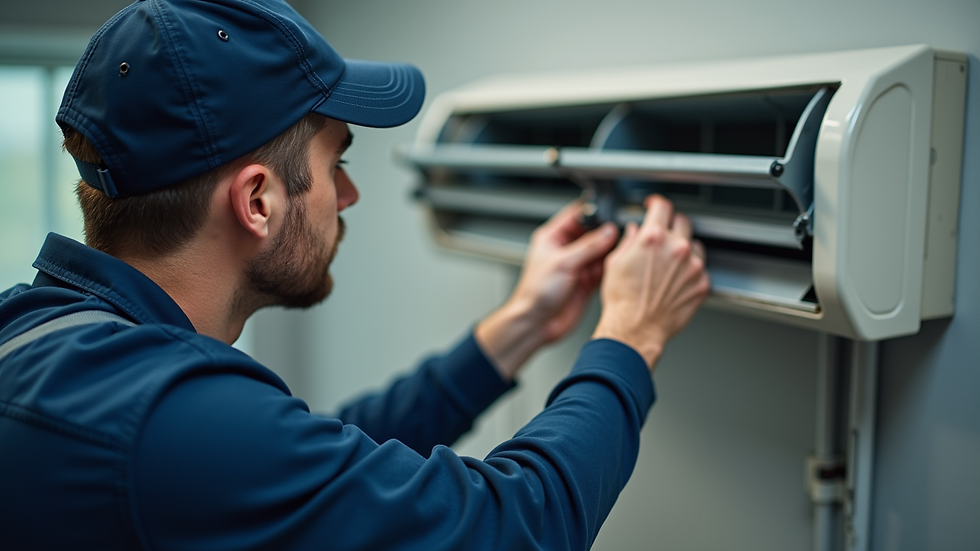 Close-up view of HVAC technician inspecting an energy-efficient air conditioning unit