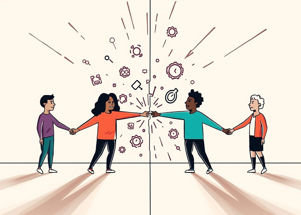 Four people hold hands in a bright setting, with symbols and lines radiating between them as they try to connect.