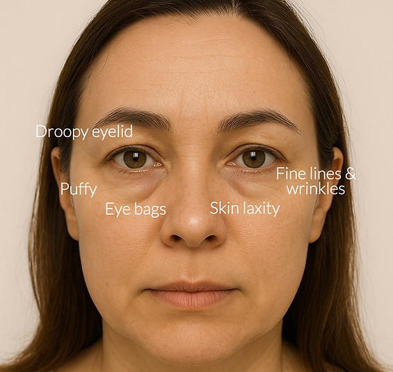 a woman with signs of ageing around her eyes, which indicates the condition in which endolift eye bag removal can address