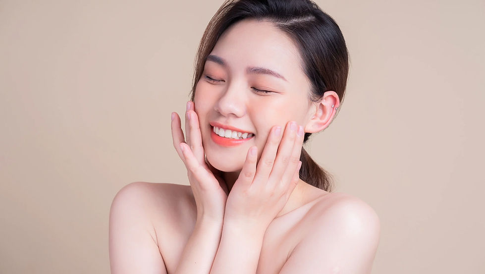 Beautiful skin woman shows our proven approach to acne care