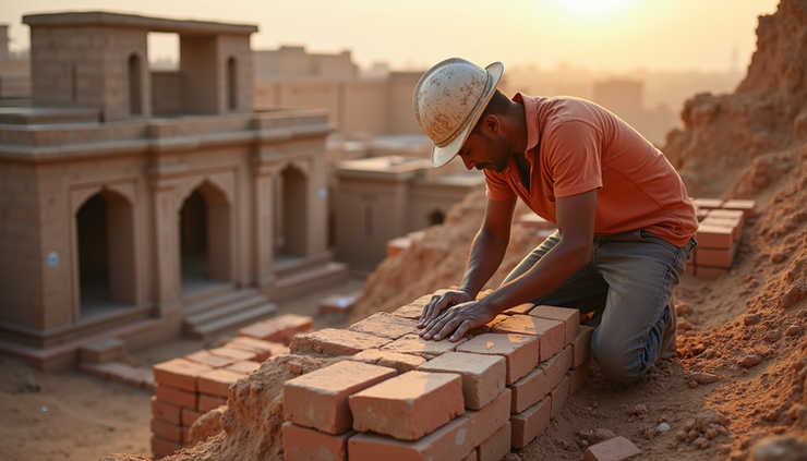 High angle view of construction workers installing bricks on a building site in Jodhpur