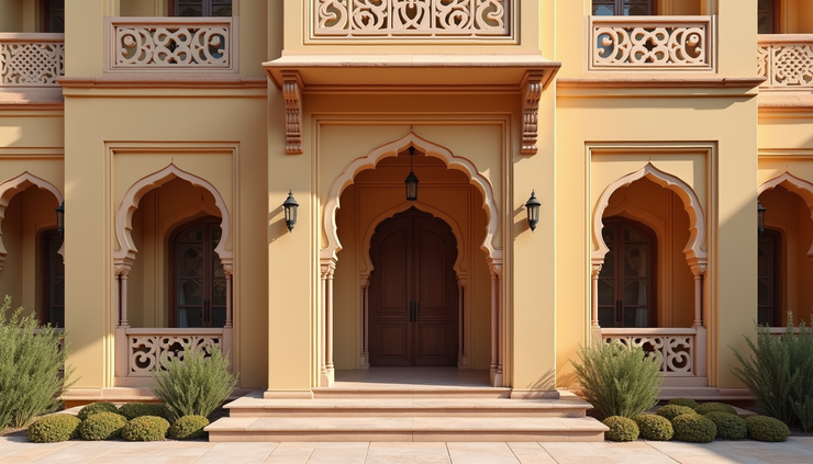 Close-up view of a finished residential facade with traditional Rajasthani architectural elements in Jaipur