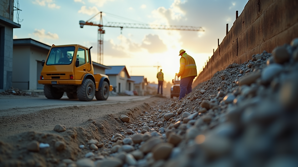 Eye-level view of a construction site with workers and machinery