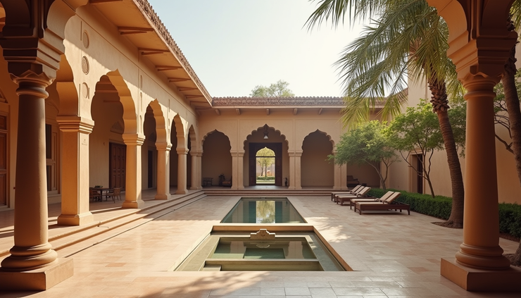 High angle view of a completed Airbnb guesthouse with traditional Jaipur architecture