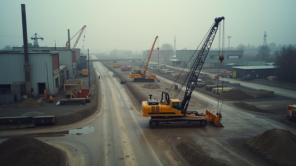 High angle view of industrial construction site with heavy machinery
