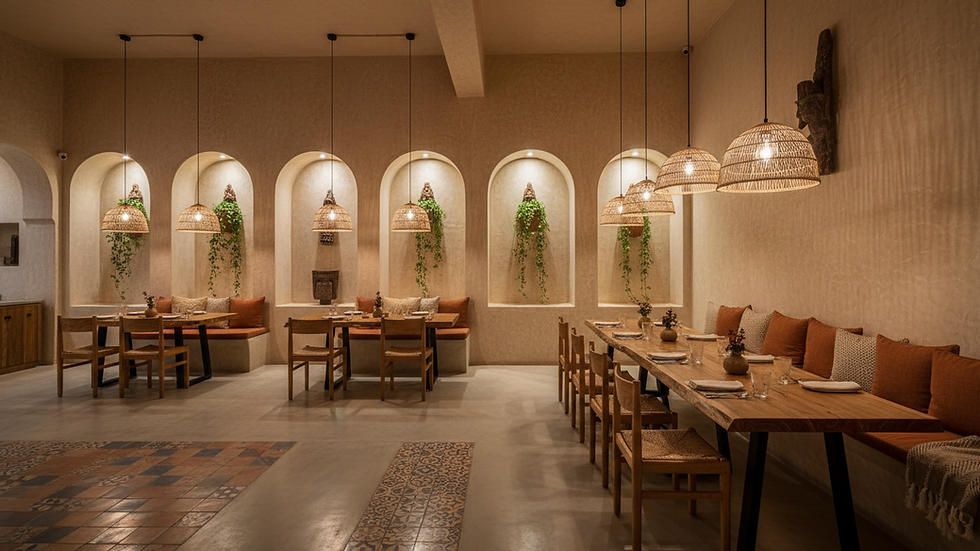 Wide-angle view of a boho restaurant dining area with textured walls and warm pendant lights