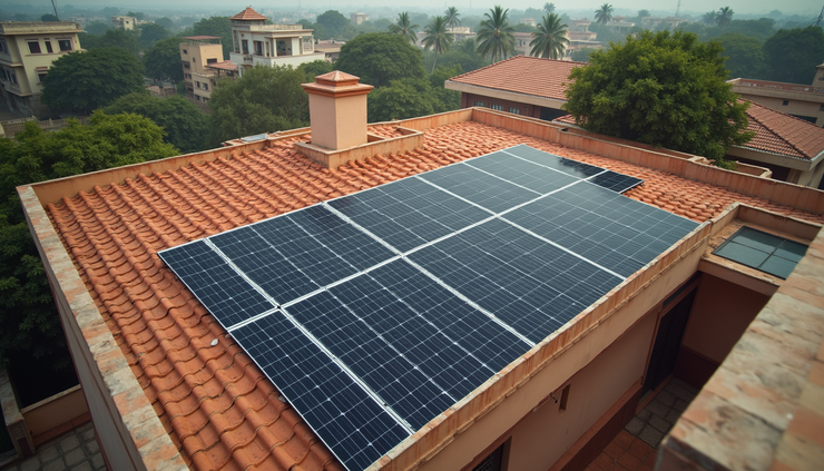 High angle view of a Jaipur house roof with solar panels and rainwater drainage