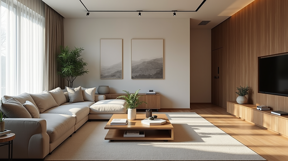 Eye-level view of a modern living room after renovation