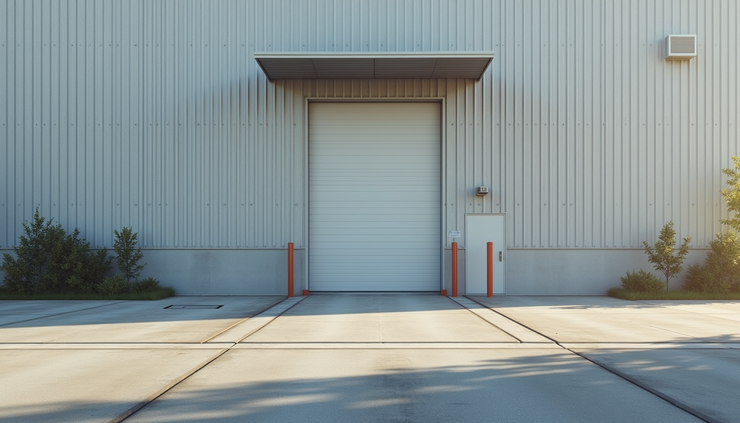 Close-up view of warehouse exterior showing sturdy walls and large loading doors