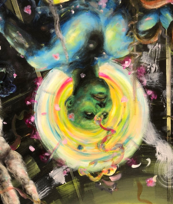 Detail des Gemäldes Falling towards the light von Baldur Galoor – die hier zu sehende Figur mit Heiligenschein verdeutlicht die Verwendung von göttlichen Motiven in seinem eigens entwickelten Malstil / Kunststil Fusionsrealismus