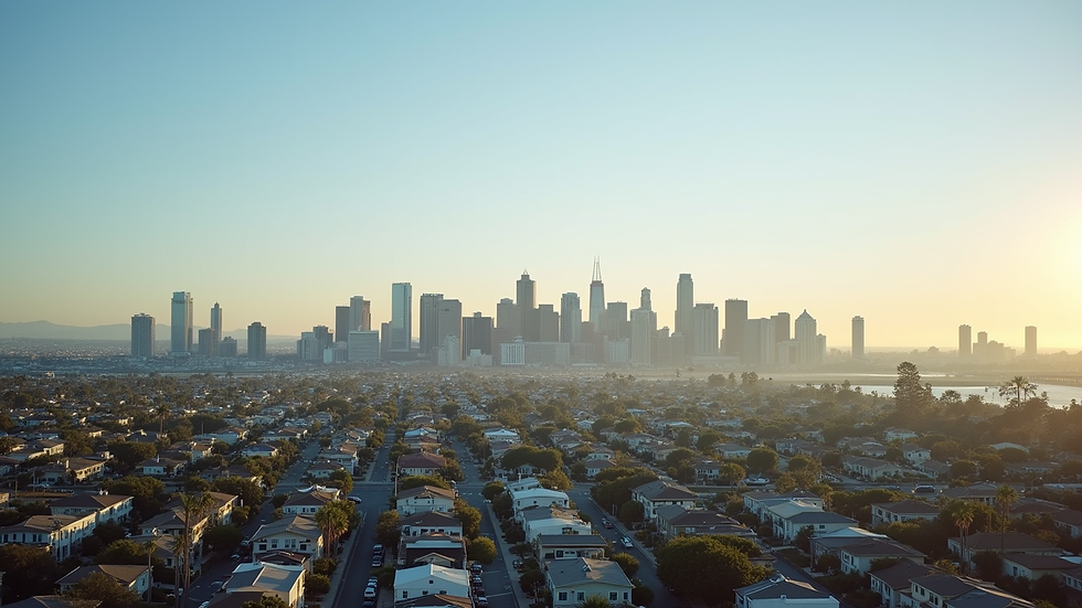 High angle view of San Diego skyline with residential areas in the foreground