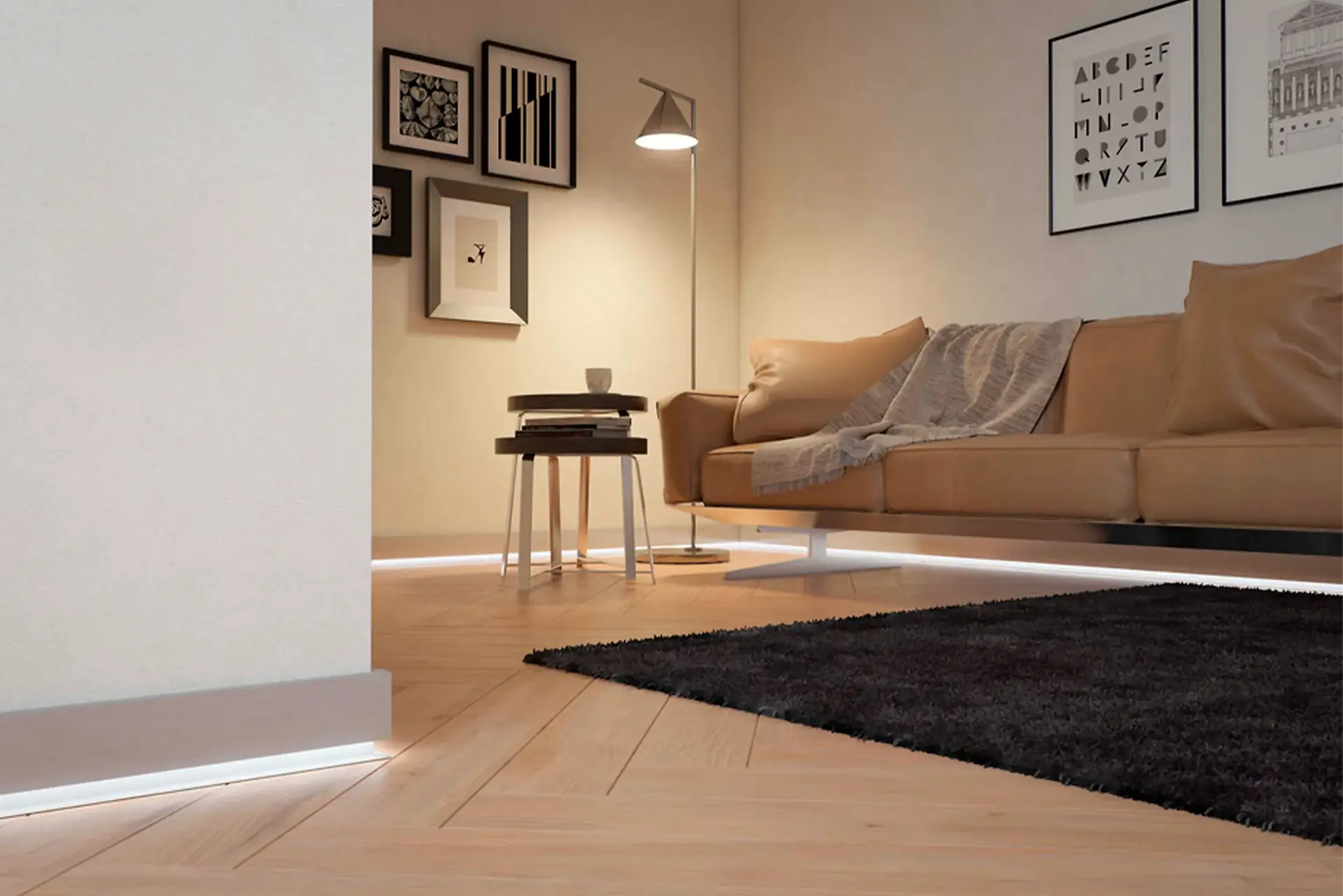 Plinthes lumineuses LED installées le long des murs d’un salon moderne, apportant confort visuel et sécurité pour le déplacement nocturne.