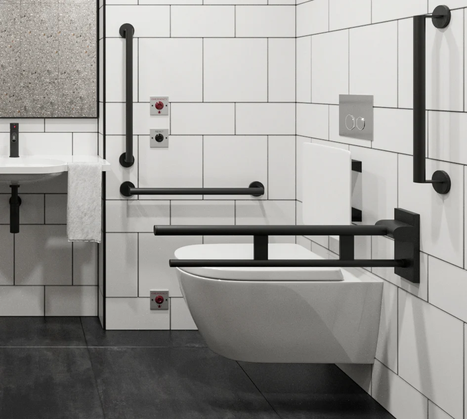 Salle de bain adaptée PMR avec barres d’appui et équipements pensés pour la sécurité et l’autonomie