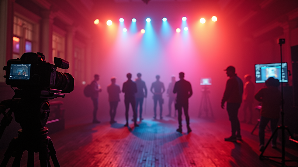 Eye-level view of a vibrant film set with colorful lights