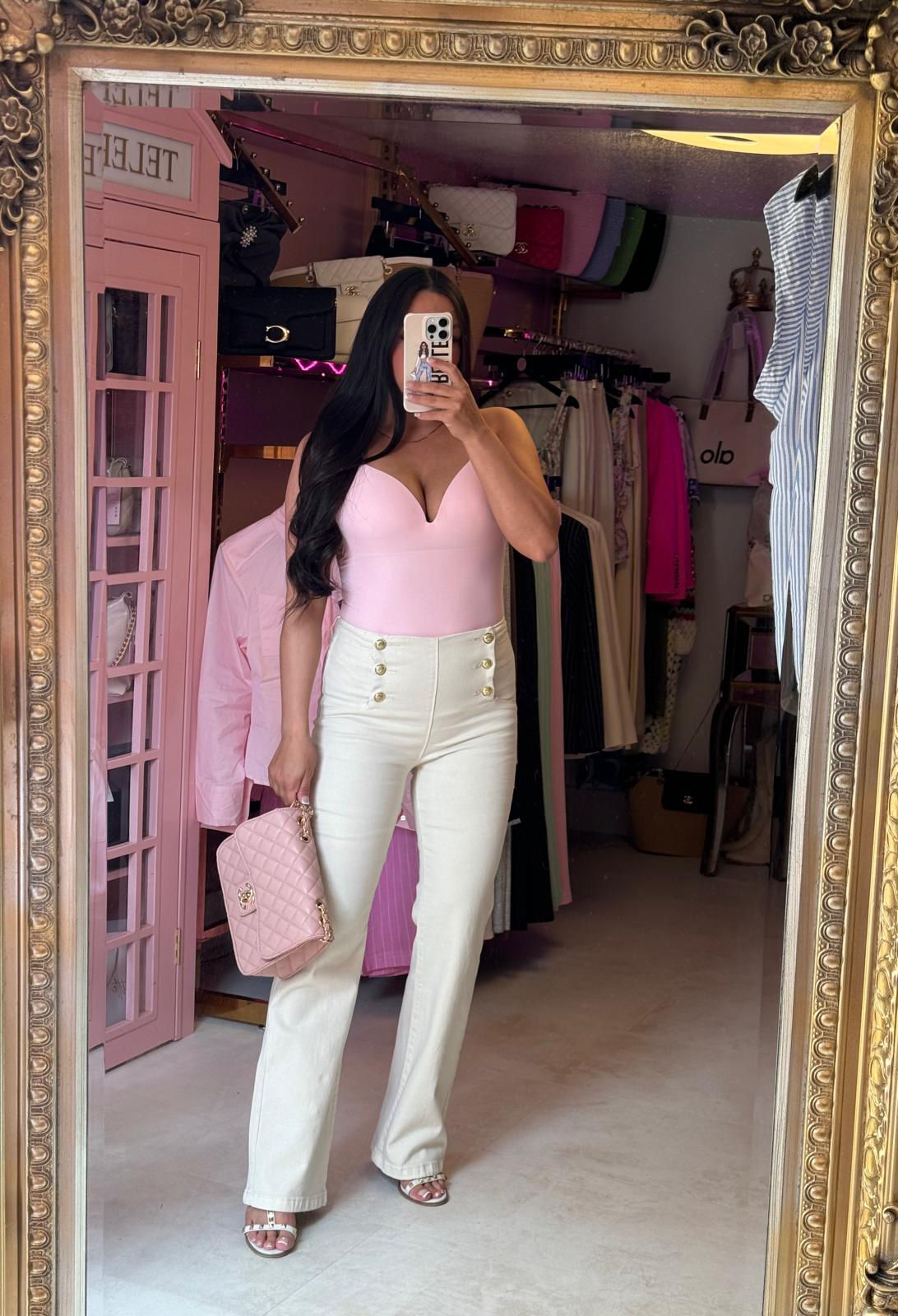 ELLIE Cream High Waisted Gold Button Front Jeans 