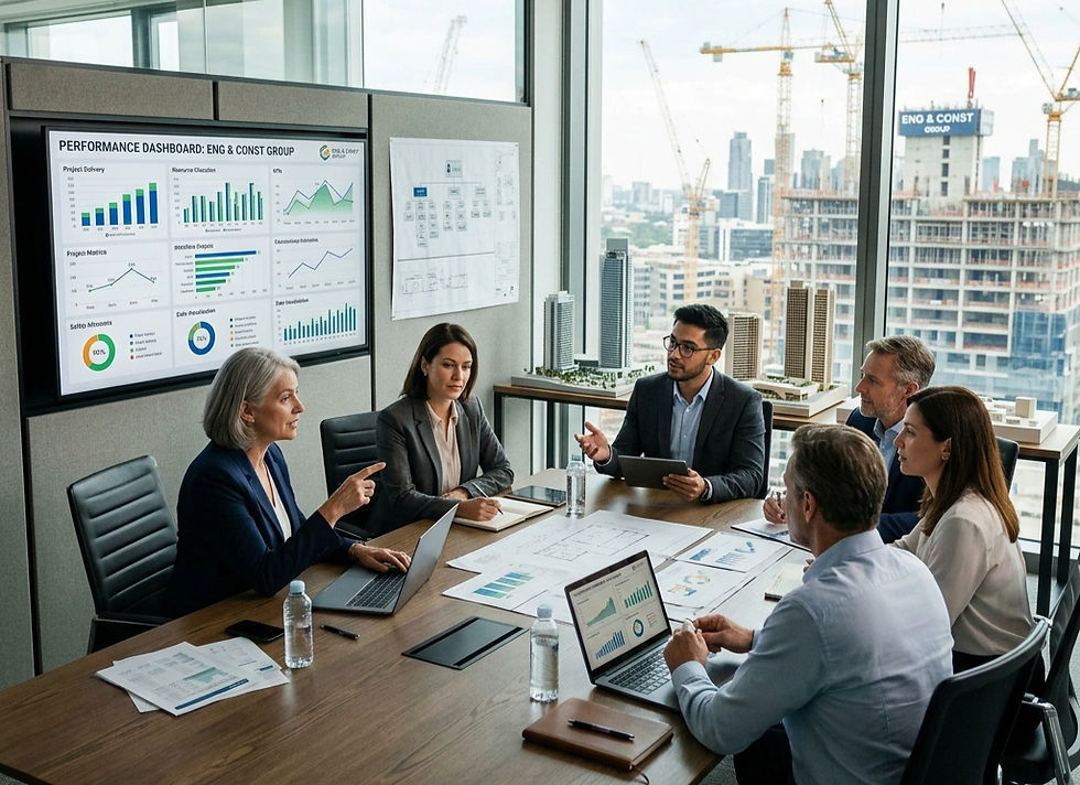 Business leaders and HR professionals reviewing performance management dashboards for a construction and engineering group.