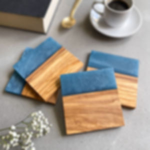 Olive Wood & Resin Coaster Set of 4 - Blue