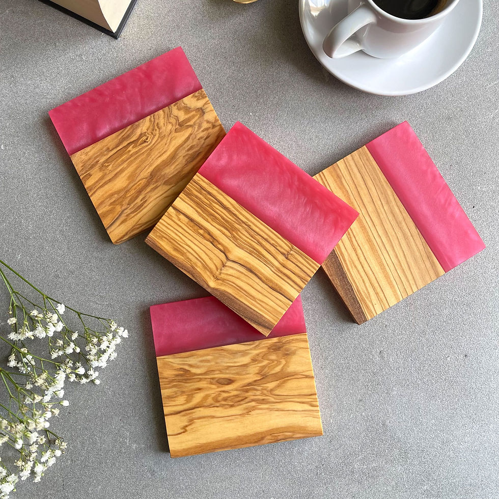 Thumbnail: Olive Wood & Resin Coaster Set of 4 - Pink