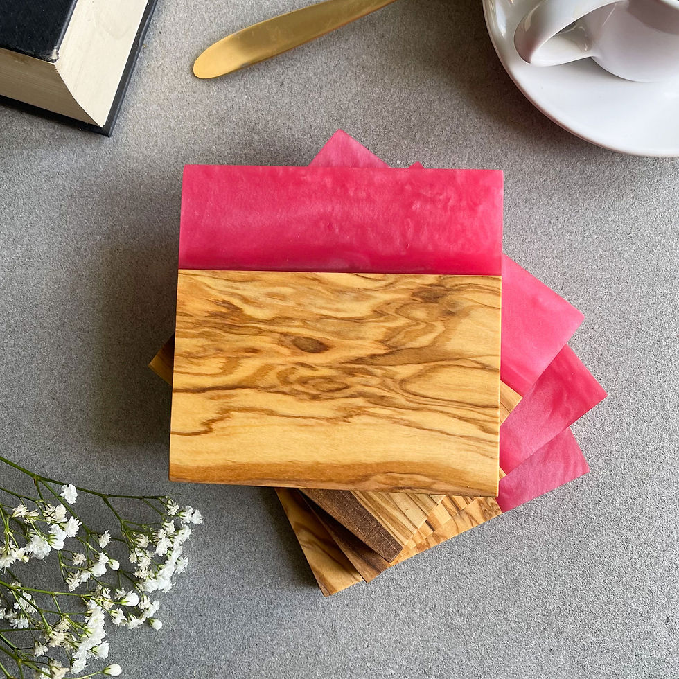 Thumbnail: Olive Wood & Resin Coaster Set of 4 - Pink