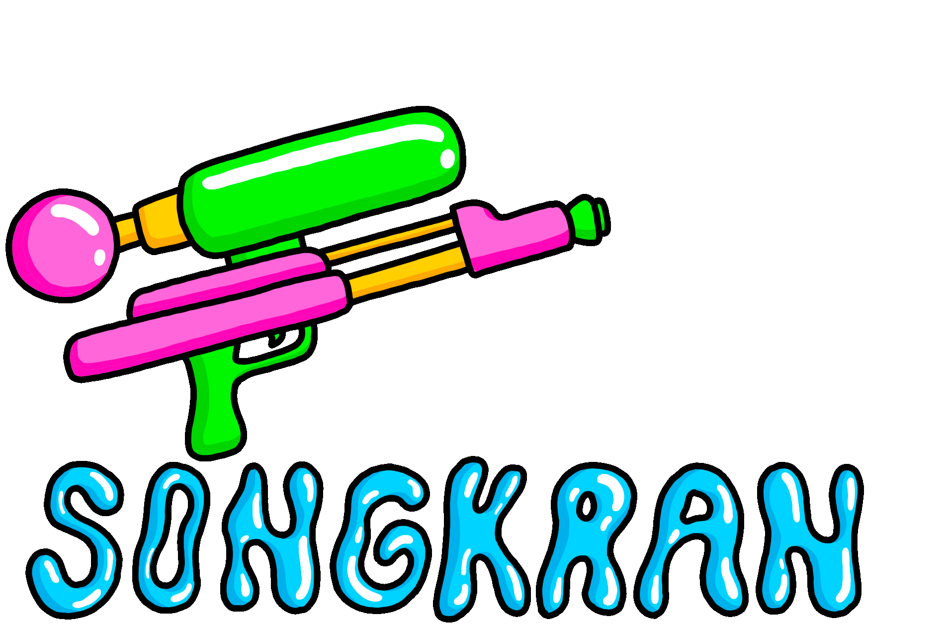 Animated sticker of a water gun squirting water and illustrated text "Songkran".