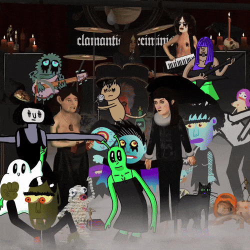 Video of animated characters in goth style dancing and playing instruments.