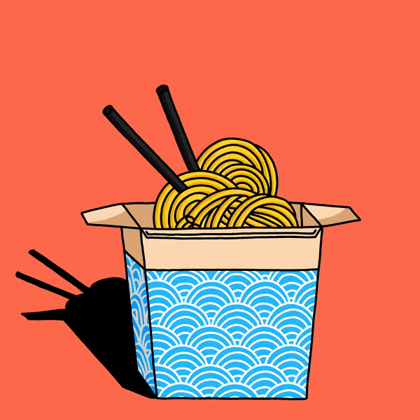 Animated GIF of a chinese noodle box hiding a girl with noodle hair.