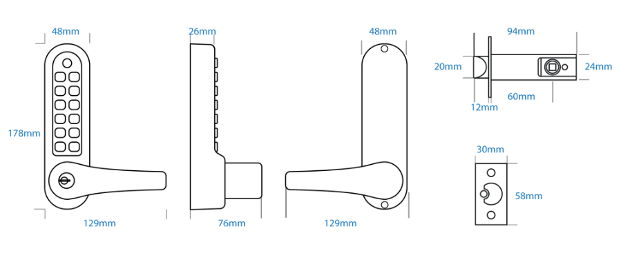 Thumbnail: ASEC AS4300 Series Easy Code Change Digital Lock W K/O & Optional Free Passage Dimensions