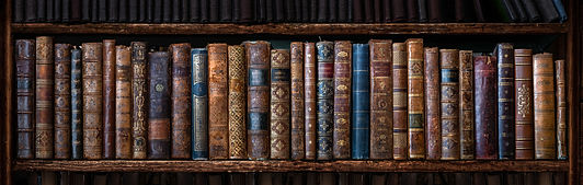 Old books on wooden shelf. Many of beautiful retro book covers, skins. Bookshelf history t